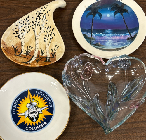 Original Walther-Glass 9-1/2” Heart Serving Tray, Hand Painted Plate, Aspen Tree Design Ceramic Dish & Space Shuttle Plate