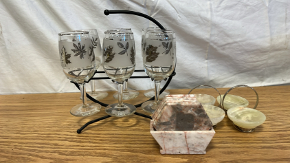 6 Cordials With Carrier, 6 Marble Coasters, 2 Polished Stone Candle Holders