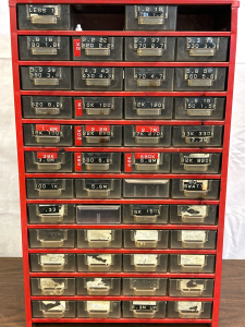 Metal Organizer (12.5”x20”x6”) w/ Plastic Pull-Out Drawers-Some Have Electronic Capacitors, Resistors & Other Small Components