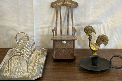 Vintage Toast Rack w/ Tray, Rocking Chair Music Box, Metal Rooster Souvenir From Portugal 1983 & Candlestick Holder
