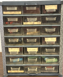 (21) Compartment Organizer (10&rdquo;x6&rdquo;x12&rdquo;) w/ Various Electronic Capacitors & Resistors