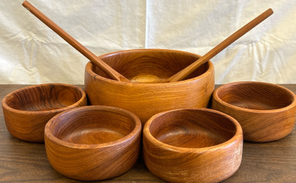 Wood Salad Bowl w/ (4) Bowls & Spoon/Fork