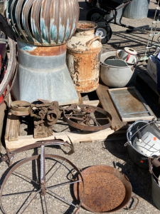 Pallet of Antique Goods- Various Buckets, Hood Vent, Spoke Wheels, milk Jug, Plus More
