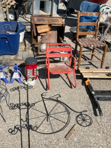 Pallet of Household Goods- Wooden Chair, Coat hangers, Floor stands, Cutting Table, Vintage Lamps, Plus More