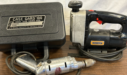 Vintage Craftsman Electric Auto-Scroll Saw, Hi-Power 1/4&rdquo; Electric Drill & Case Gaurs 100 Shot Gun Ammo Box (Fits 12 Gauge Shells)