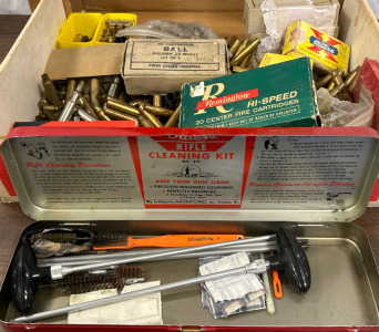 Box Of Brass In Various Calibers & Rifle Cleaning Kit