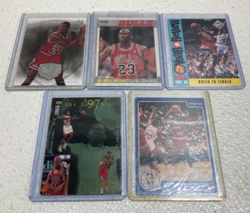 (5) Michael Jordan Cards: NBA Game Night &lsquo;97, 1985 Rookie of the Year, Bulls in Finals &lsquo;97-&lsquo;98, 1987 Fleer, Upper Deck Jordan Legacy UNVERIFIED