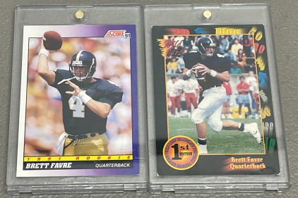 (1) 1991 Brett Favre Rookie Collectible Football Card #611, (1) Brett Favre College Football Card (Both In Hard Plastic Protectors)