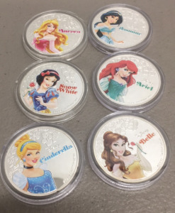 (6) Disney &ldquo;Princesses&rdquo; Silver Plated Collectible Coins