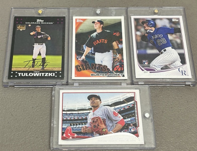 (1) 2007 Topps Rookie Troy Tuliwitzki Collectible Card, (3) 2010-2013 Topps MLB Collectible Cards Named To Mookie Betts, Nolan Arenado, Buster Posey (All In Hard Plastic Protectors)