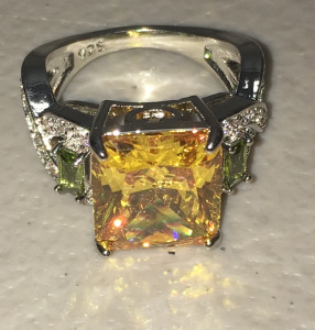 (1) Size 9 Square Cut Facted Amber Citrine .925 Ring