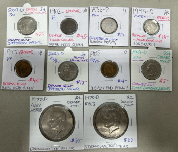 (10) Assorted Collectible Coins: Denver Mint , Philadelphia Mint , Error, Steel Pennies and more