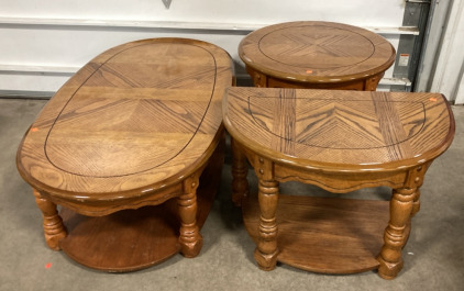 3pc Wood Living Table Set: Coffee Table, Round Side Table, Half Circle Side Table