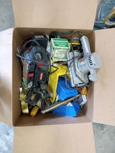 Assorted tools hardware black decker finishing sander good working order hand held tacker gun Bostitch staple gun and assorted staples craftsman belt sander 120 volt good working order