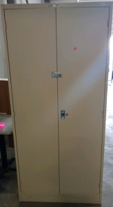Namco metal storage locker light brown36"wide by 78" long (6) storage bins bar for hanging shirts pants sutes