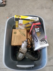 Assorted tools and hardware including drill master heat gun & central pneumatic 18 gauge 2-in-1air nailer/stapler black decker utility jig saw black decker 1/2" impact wrench good working order with assorted drill bits