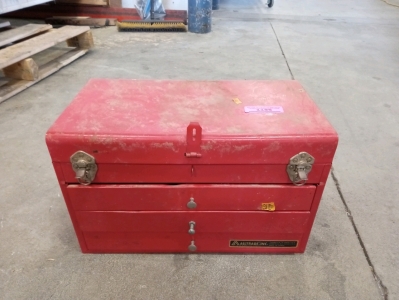 All trade inc.red tool box 17"1/2 Wide 10"1/2 long (4) drawers assorted hardware