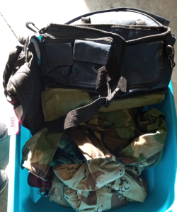 (2) Phatigs light brown on dark brown camo green blue green black pack pack blue bibs