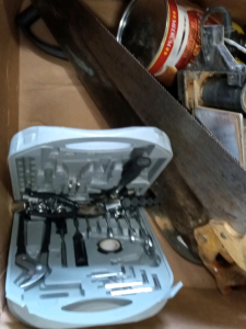 Assorted tools hardware craftsman 3"power sander burkshire hand saw 26"long5"wide. assorted tools Bungie cords