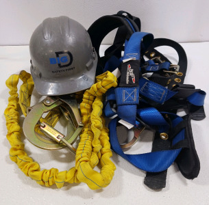 Assorted Safety Climbing Gear Including (1) Hard Hat (1) Yellow 900lb Capacity Bungee (1) Blue Harness