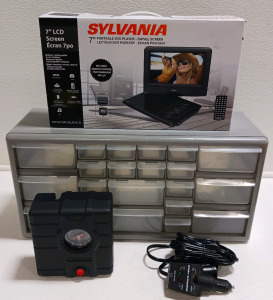 (1) Sylvania 7" Portable DVD Player (1) Firestone Air Pump (1) 20-Drawer Container