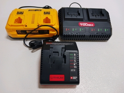 (1) DeWalt DC9320 Dual Charger (1) Hyper Tough Dual Charger (1) Porter Cable Charger