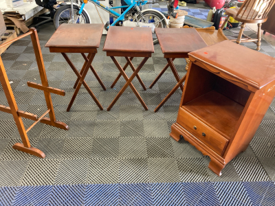 (3) Dinner Trays, (1) Blanket Rack, (1) End table