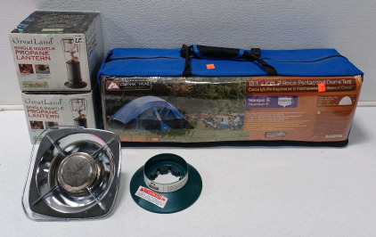 (1) 13ft×10ft Outdoor Tent (Sleeps 6) (2) Propane Lanterns (1) Propane Camp Stove (1) Propane Base