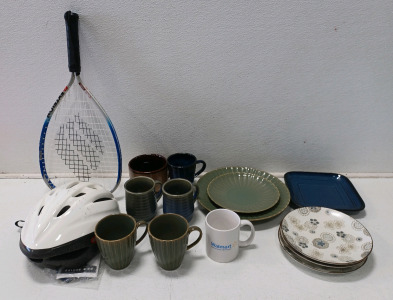 (7) Coffee Cups (3) World Market Flower Salad Plates (1) Large Plate (1) Small Plate (1) Square Plate (1) Bike Helmet (1) Tennis Racket