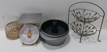 (1) Kitchen Scale (3) Cake Pans (1) Metal Fruit Basket Stand (1) Glass Decorative