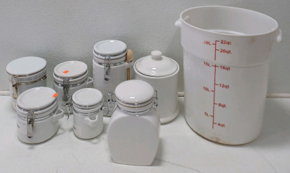 (7) White Canisters (1) 22qt Storage Container