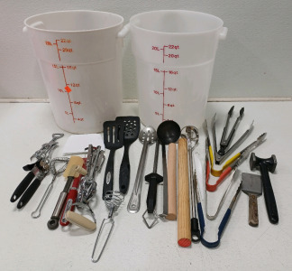 (2) 22qt Storage Containers & Assorted Kitchen Utensils Including (6) Tongs (1) Can Opener (1) Wine Opener Spatulas & More!