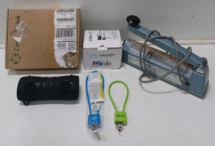 (1) Cloud Storage Intelligent Camera (1) Century Link Wireless Modem (1) Bluetooth Speaker (1) Impulse Sealer (2) Cable Locks