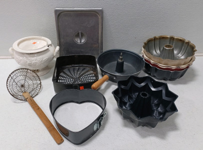 (1) Soup Tureen (1) Cheesecake Pan (6) Bundt Cake Pans (1) Stove Top Nut Roaster (1) Wooden Handle Strainer & More