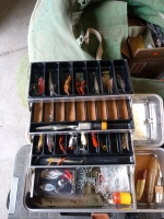 Assorted fishing gear from tackle boxes fish nets (1) iner tube rod holders in good condition - 4