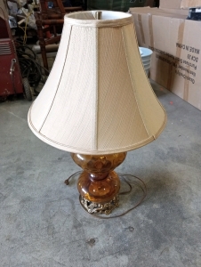 Table lamp amber glass chalk ware vintage 27"tall light brown lamp shade in good working order tested