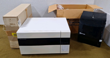 (1) Kitchen Aid Microwave, (1) Bay West Paper Towel Dispenser, (1) HAFELE Double Waste Bin Packing Unit & (1) Box Assorted Christmas Decorations