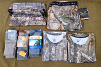 (2) Realtree, Terramar Men's Cammo Shirts 2XL, (1) Pair Realtree, Terramar Men's Cammo Pants, 3XL, (3) Pair Outdoor Socks & (1) Realtree, Waterseals Cinch Backpack