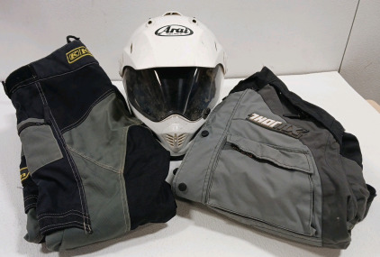 (1) Arai Motersports Med Helmet (1) KLIM Motorcycle Sz 32 Pants W/ Guards (1) Phase Thormx Medium Motorcycle Jacket