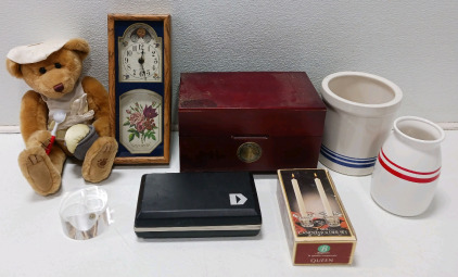 (1) Electricity Coverter Kit (1) Chef Stuffed Bear (2) Pottery Jars (1) 2pc Candle Holder Set (Made In Italy) (1) Signed Golf Paper Weight (1) Boxed Set Of National Geographic CD's