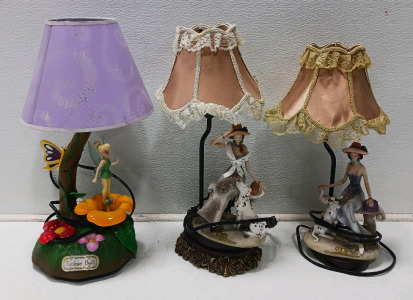 (1) Tinkerbell Lamp (2) Ladies w/Dog Lamp (All Turn On)