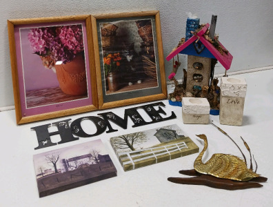 (2) Framed Cat Pictures (1) "Home" Sign (2) Canvas Homestead Pictures (1) Decorative Bird House (2) Ceramic Candle Holders (1) Swan Wall Decor