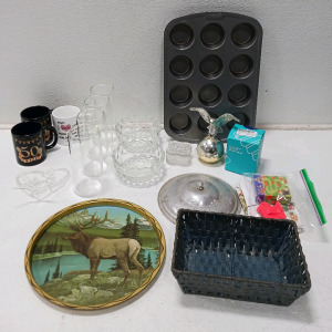 (1) Muffin Tin (4) Beer Glasses (1) Foldable Bottle (3) Coffee Cups (1) Crystal Trinket Box (1) Small Candy Dish (1) Small Glass Lamp Shade (1) Elk Metal Tin Tray & More