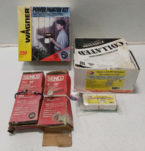 (1) Power Painter Kit (1) Box Of Senco 4d Finish Nails (1) Box Of Senco 6d Finish Nails (1) Box Of Collated Galvinized Nails (1) Small Box Of 18 ga. Finish Brad's