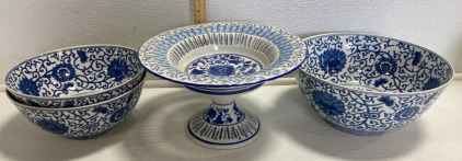 (3) Matching Blue and White Bowls, (1) Decorative Standing Dish