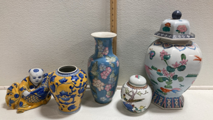 Asian Inspired Home Decor: (2) Vases, (1) Large Jar, (1) Ginger Jar, (1) Figure
