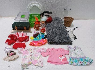 (1) Shag Bath Mat For Toilet (1) Tea Kettle (1) Christmas Tree Candle Holder (3) Troll Dolls (7) Little Doll Outfits (1) Glass Vase (1) Wicker Planter Basket & More