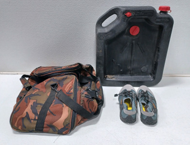 (1) Large Camo Duffel Bag (1) Size 10 1/2 Fashion Shoes (New) (1) Oil Drain Catch All