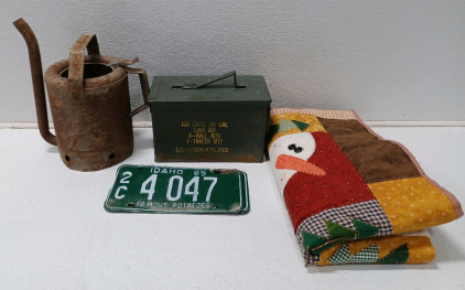 (1) Vintage Oil Swing Spout 5QT (1) .50 Cal Metal Ammo Box (2) Vintage Matching Idaho Plates (1965) & More