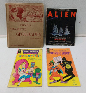 (1) Vintage Walt Disney Super Goof 1975 Comic Book (1) Vintage Walt Disney Showcase 1974 Comic Book (1) Vintage Movie Novel- Alien (1) Vintage Book Frye's Complete Geography 1895